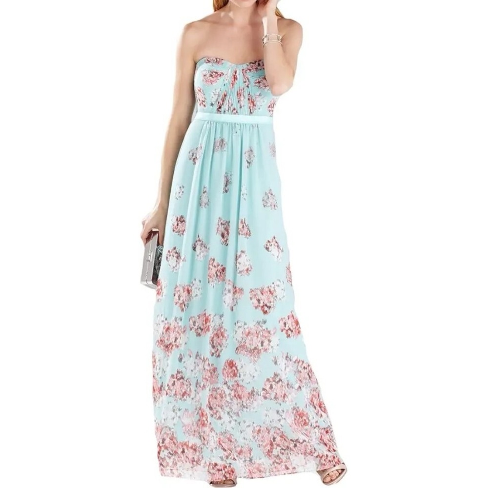 BCBGMAXAZRIA Amber Blue with Pink Floral Print Sheer Strapless Maxi Gown Dress